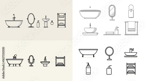 Minimalist bathroom accessory line set with bathtubs, mirrors, sinks, towels, and toiletries in clean modern outline style.