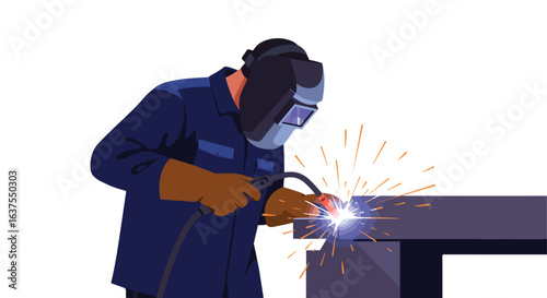 Welder working with metal. Protective gear used to deflect sparks, welding dark metal