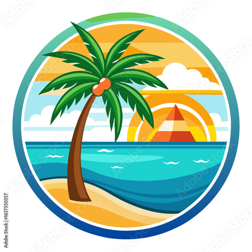 Vector art of a stylized palm tree on a sandy beach with the ocean and a vibrant sunset, capturing the essence of a tropical getaway