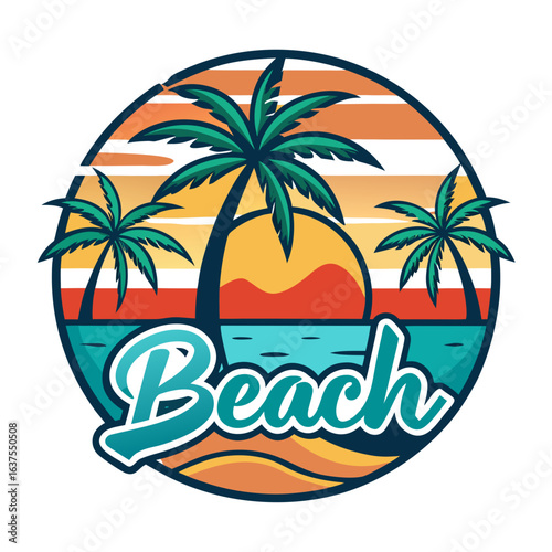 Vector art of retro style circular logo featuring palm trees, a sunset over the ocean, and the word beach in a stylized font, evoking a tropical summer vacation vibe