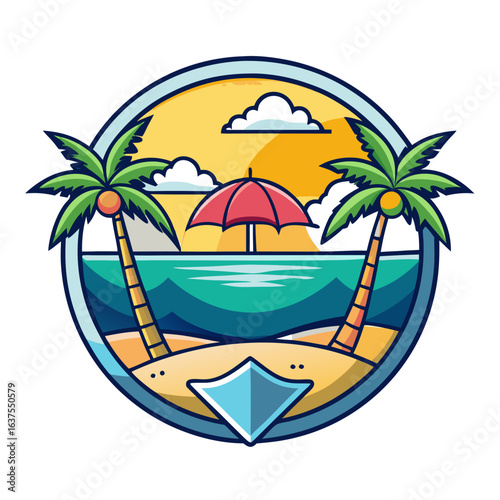Vector art of idyllic tropical beach with two palm trees, a red umbrella, and a bright sun over the ocean, perfect for a summer holiday escape