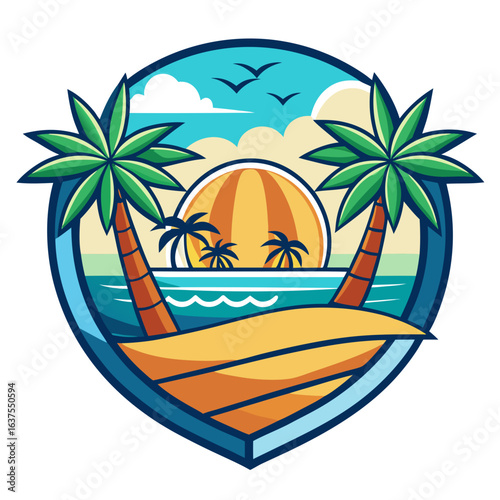 Vector art of stylized tropical beach at sunset with silhouetted palm trees and flying birds, capturing the essence of a serene island getaway