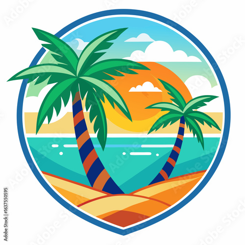 Vector art of vibrant tropical beach scene with two palm trees, a setting sun, and calm ocean waters, evoking a sense of paradise and summer vacation