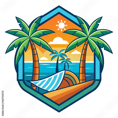 Vector art of vibrant tropical beach landscape at sunset featuring palm trees, ocean, and a beach towel, embodying a summer holiday