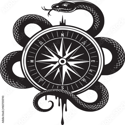 A black and white illustration of a snake coiled around a compass with dripping liquid below it