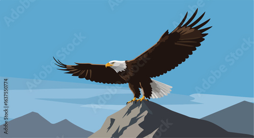 Majestic eagle poised atop rugged mountain peak, wings spread wide, against blue sky