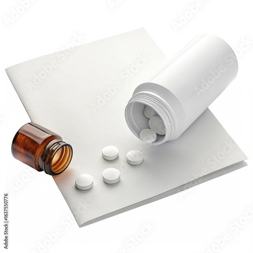 White pills spill from open bottle onto clean paper next to amber medicine jar