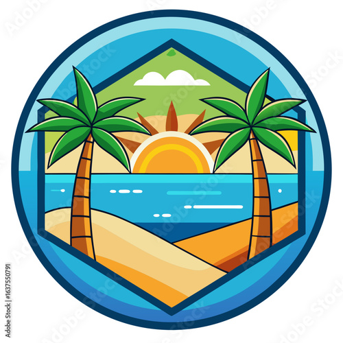 Vector art of tropical beach scene with palm trees, ocean waves, and a vibrant sunset or sunrise, evoking a sense of paradise and summer vacation
