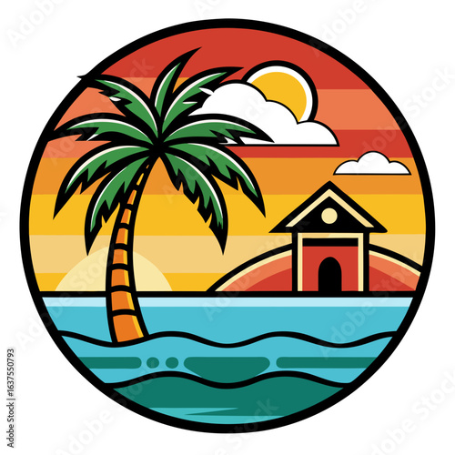 Vector art of sunset on a tropical island with a lone palm tree, a small house, and calm ocean waters, evoking a peaceful evening escape