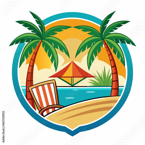 Vector art of relaxing beach scene with palm trees, lounge chair, and umbrella under a tropical sunset