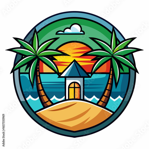 Vector art of tropical island beach scene with palm trees, a small hut, and the ocean during sunset or sunrise, evoking a sense of paradise and vacation