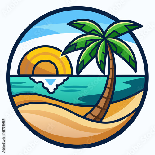Vector art of a single palm tree leaning over a sandy beach with the ocean and a bright sun setting or rising, capturing the essence of a tropical escape