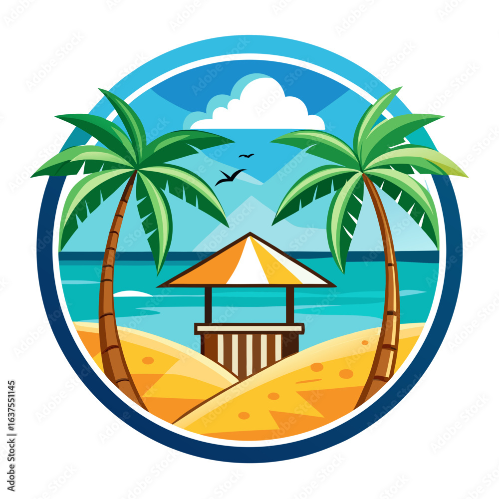Obraz premium Vector art of tropical beach scene with palm trees and a beach hut under a blue sky with clouds, evoking a sense of paradise and vacation