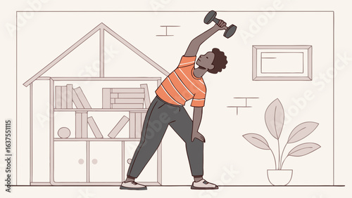 Man Doing Side Bend Exercise with Dumbbell at Home.