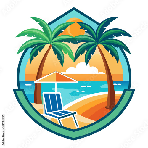 Vector art of relaxing tropical beach with palm trees, a lounge chair, and umbrella under a sunny sky with clouds, perfect for a vacation getaway