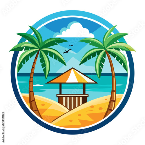 Vector art of tropical beach scene with palm trees and a beach hut under a blue sky with clouds, evoking a sense of paradise and vacation