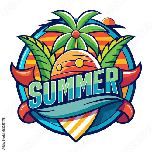 Vector art of vibrant summer graphic featuring palm trees, a surfboard, and a sunset over the ocean, embodying the spirit of a tropical beach vacation