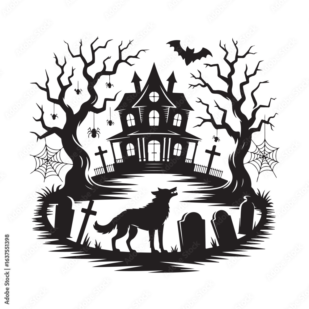Fototapeta premium title Haunted House with Wolf and Tombstones keywords haunted house spiders
