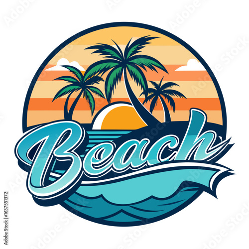 Wallpaper Mural Vector art of vintage beach emblem featuring palm trees and waves at sunset, evoking a tropical island paradise and summer holiday escape Torontodigital.ca