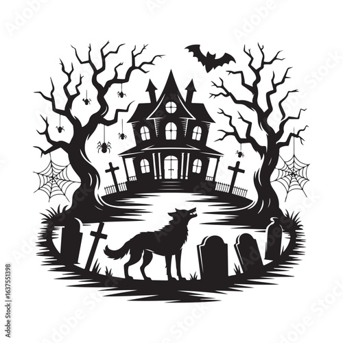 title Haunted House with Wolf and Tombstones keywords haunted house spiders