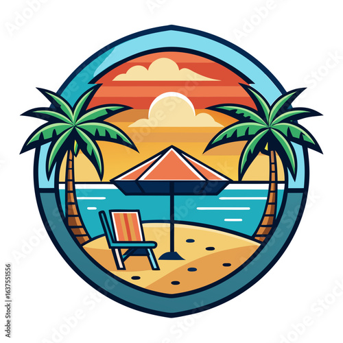 Vector art of relaxing tropical beach setting with palm trees, a lounge chair, and umbrella under a vibrant sunset sky, captured in a circular emblem for summer holiday enjoyment