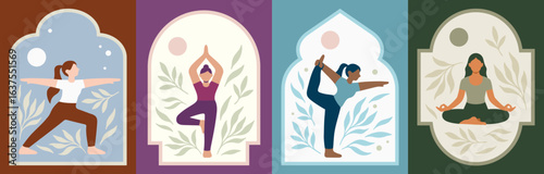 A flat vector illustration set of four yoga poses with decorative frames and leafy backgrounds, perfect for wellness, meditation, and fitness themes, inspired by global and Indian yoga traditions.