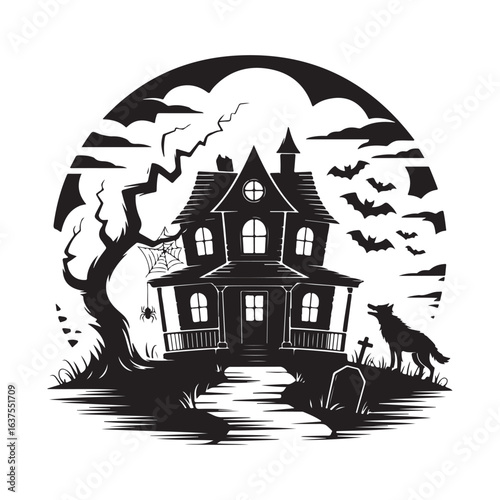 A Haunted House with a Dog Spider and Tombstone in the Cemetery at Night