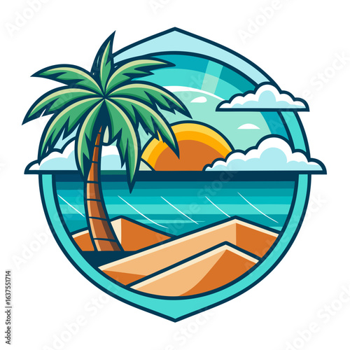 Vector art of stylized emblem featuring a palm tree on a sandy beach with the ocean and a vibrant sunset or sunrise in the background, evoking a tropical paradise vacation