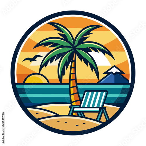 Vector art of circular emblem showcasing a palm tree, beach chair, and ocean with a colorful sunset or sunrise, symbolizing a relaxing tropical getaway