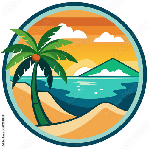 Vector art of vibrant illustration of a tropical island beach at sunset, featuring a leaning palm tree, calm ocean, and distant mountains