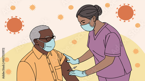 Nurse Administering Vaccine to Senior Citizen Patient in Illustration.