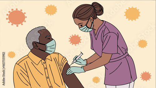 Nurse administering vaccine to senior man during pandemic surrounded by virus icons.