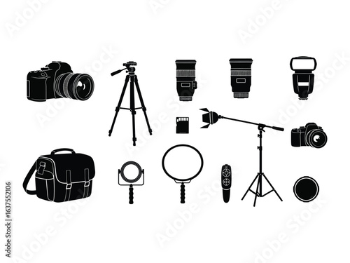 Essential Photography Toolkit: A sleek collection of photographic equipment, presented in stark, graphic monochrome, ideal for the discerning image maker. 