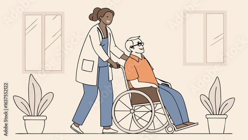 Nurse Pushing Elderly Person in Wheelchair.