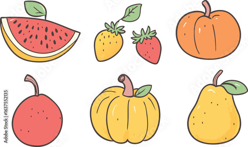 title A Collection of Fruits Illustrated in Simple Line Art keywords strawberry watermelon peach pumpkin pear lemon orange fruit illustration pumpkin strawberry