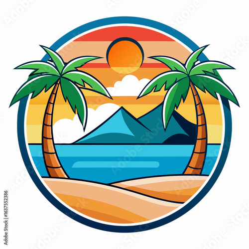 Vector art of retro sunset over a tropical beach with two palm trees and ocean waves, evoking a vintage vacation vibe