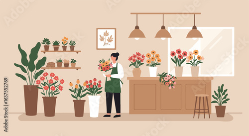 Florist arranges a colorful bouquet in a bright, clean shop filled with plants and flowers