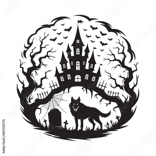 title Haunted Castle with Wolf and Bats in a Cemetery keywords