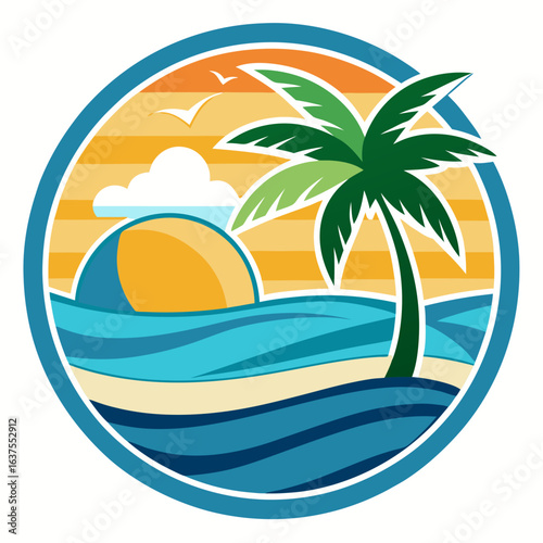 Vector art of stylized illustration of a tropical beach scene at sunset with a palm tree, ocean waves, and a vibrant sky, perfect for vacation and travel themes