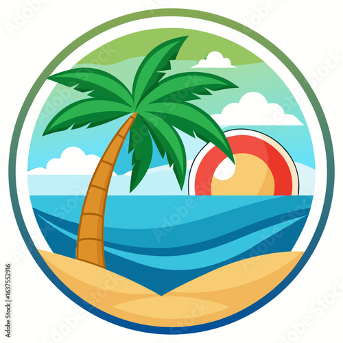 Vector art of vibrant circular illustration depicting a tropical beach at sunset, featuring a leaning palm tree, calm ocean waves, and a colorful sky, evoking a sense of paradise
