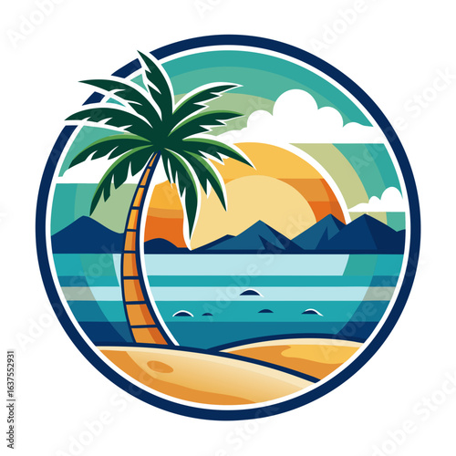 Vector art of artistic circular depiction of a serene tropical beach at sunset, showcasing a prominent palm tree, tranquil ocean waters, distant mountains, and a gradient sky