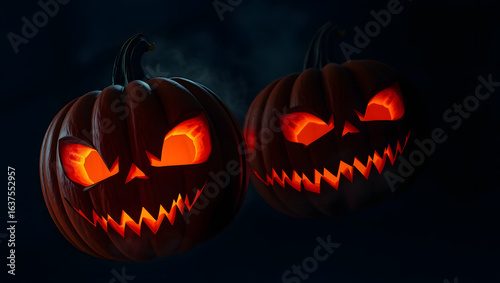 Sinister Halloween concept with a pair of menacing carved pumpkins glowing with demonic fire in the darkness.