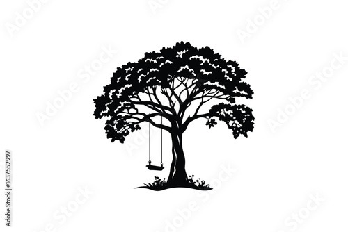 digital colorful vibrant crisp clean stylish elegant modern detailed professional high quality Serene Silhouette A Tree with a Swinging Bench Exuding Peaceful Ambiance and Tranquil Atmosphere