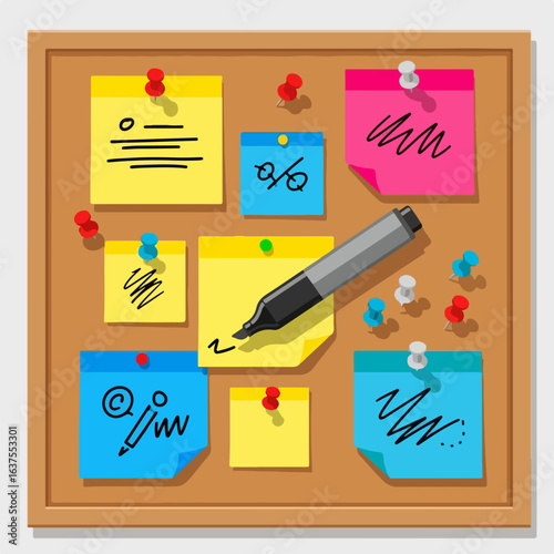 Organize your thoughts and tasks with colorful notes pinned to a corkboard, ready for planning.