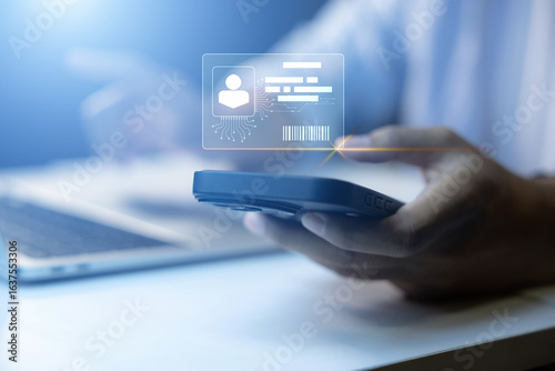 Digital identification or digital ID. Businessman and hand touch virtual screen of digital identification card to accessing databases by digital identity for cyber security. Employee badge.