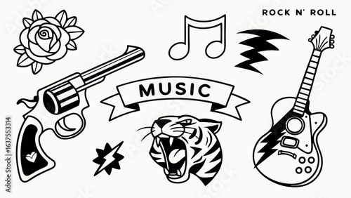 Rock and Roll Music Themed Tattoo Flash Sheet Illustration.
