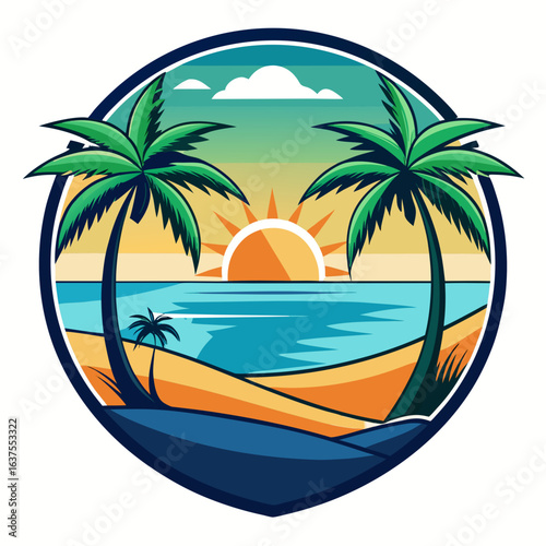 Vector art of stylized circular logo showcasing a tropical beach at dusk with silhouetted palm trees, calm sea, and a radiant sun, symbolizing a perfect summer holiday escape