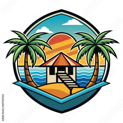 Vector art of tropical island beach scene with palm trees and a hut during sunset or sunrise, evoking a sense of vacation and paradise