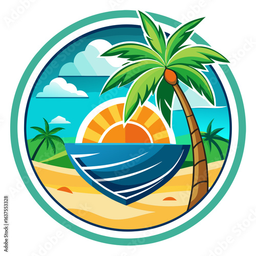 Vector art of circular illustration of a tropical beach with a prominent palm tree, the sun setting over the ocean, and gentle waves on the shore, representing a serene vacation spot