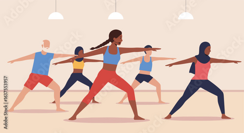 Diverse group practices yoga, instructor with a headset, stretching in warrior position